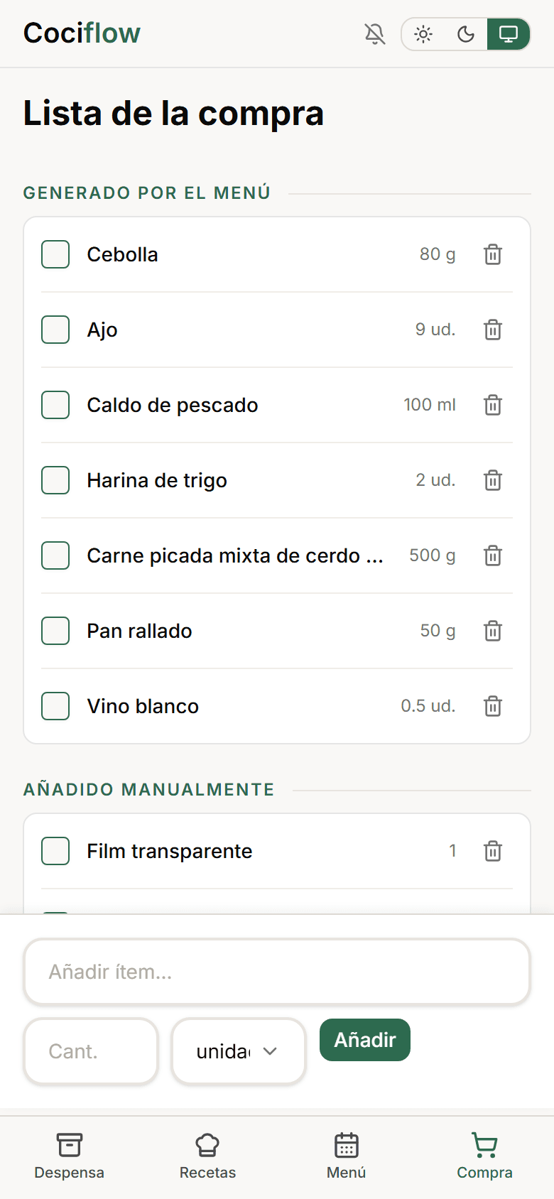 Lista de la compra de Cociflow con productos marcados